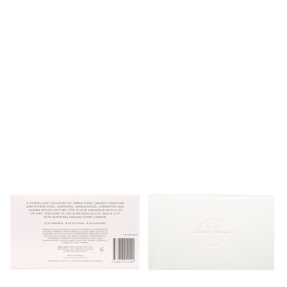 Glasshouse Fragrances Marseille Memoir Gardenia 180g Body Bar - back of product shot