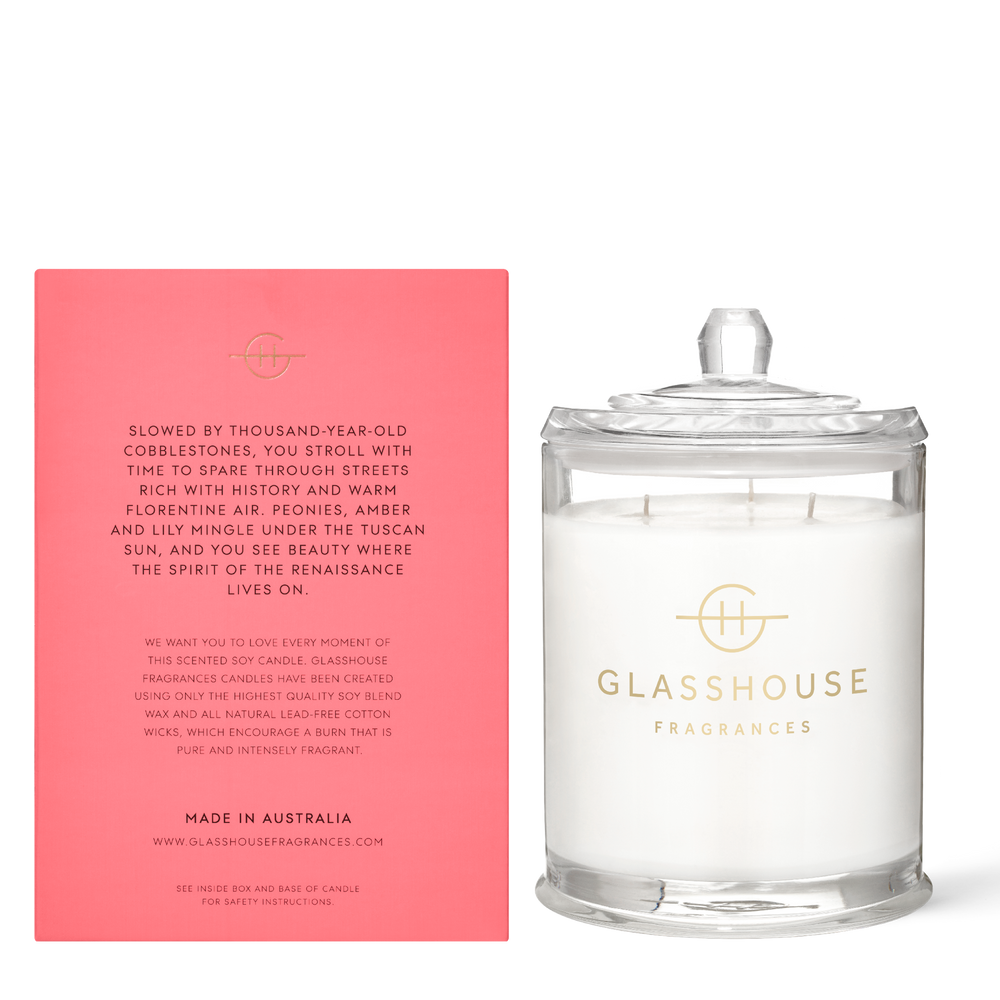 Glasshouse Fragrances Forever Florence Wild Peonies and Lily 760g Soy Candle with box - back of product shot