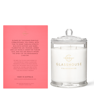 Glasshouse Fragrances Forever Florence Wild Peonies and Lily 760g Soy Candle with box - back of product shot