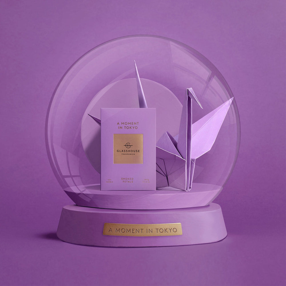 Glasshouse Fragrances A Moment In Tokyo 380g Candle Box and paper crane inside a snow globe