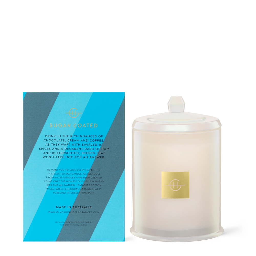 Glasshouse Fragrances Rich & Famous Iced Mocha 380g Soy Candle with box - back of product shot
