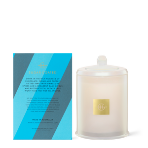Glasshouse Fragrances Rich & Famous Iced Mocha 380g Soy Candle with box - back of product shot