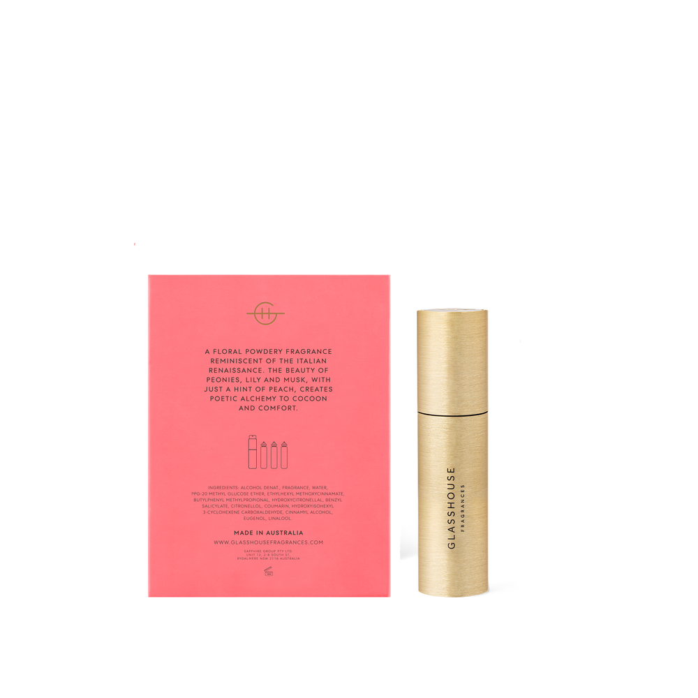 Glasshouse Fragrances Forever Florence Wild Peonies and Lily Twist and Spray Atomiser and refills with box - back of product shot